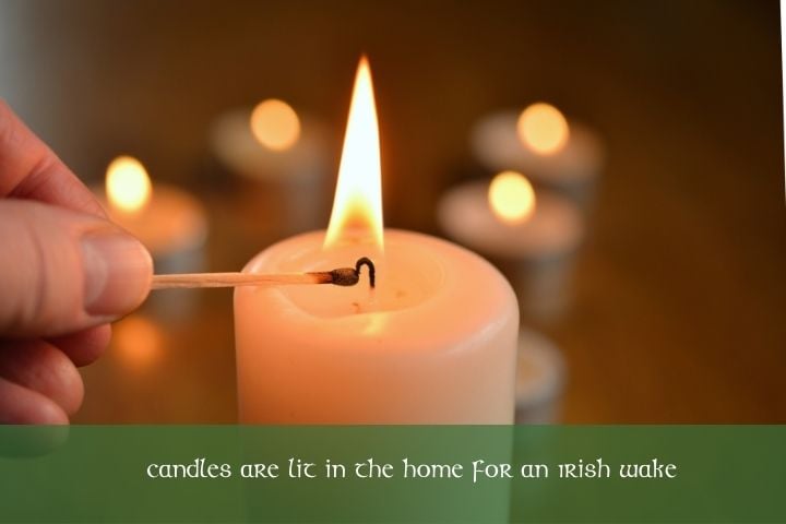 candles are lit in the home for an Irish wake | Irish American Mom Lighting a candle with a text banner