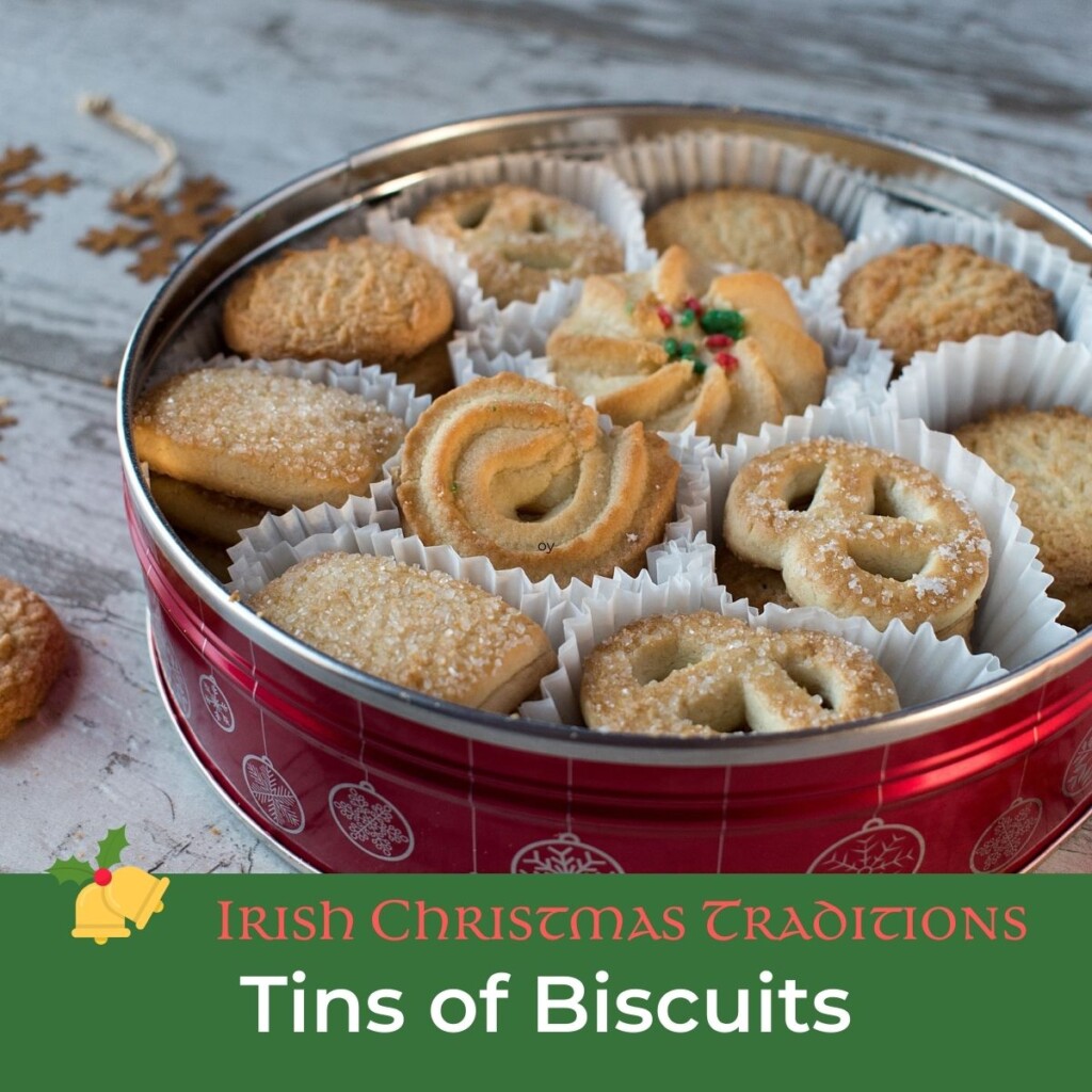 A tin of biscuits or cookies with text banner