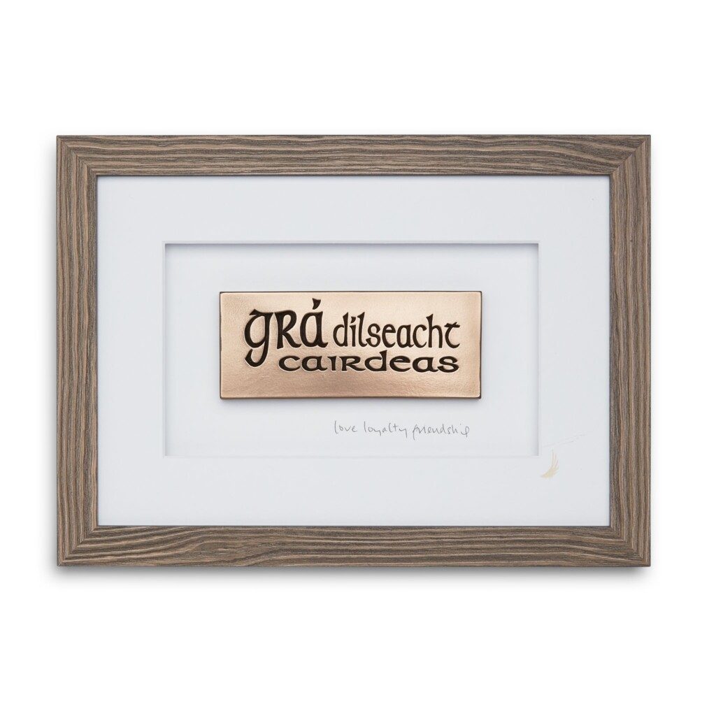 Gra dilseacht and cairdeas love loyalty and friendship Irish wall art | Irish American Mom Framed art piece with bronze word plaque