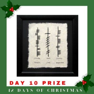 Parchment and ink framed wall art with text overlay and holly sprigs