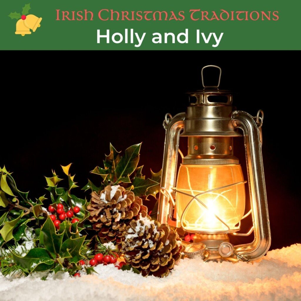 Holly, ive and pine cones with a lantern and text banner