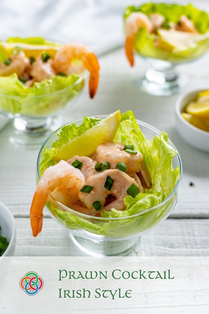 Prawn Cocktail served on a bed of lettuce | Irish American Mom Shrimp cocktails on lettuce in glass serving dishes with text overlay
