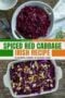 Cooked spiced red cabbage in a white dish alongside a preparation dish with chopped cabbage, apples, and onions, showing both finished and raw ingredients for an Irish side dish with central text banner in green, cream and orange colors.