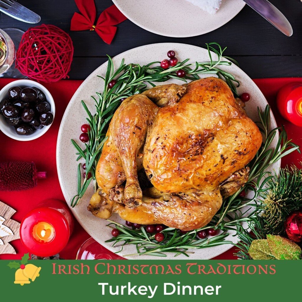 Cooked turkey on a platter with text banner