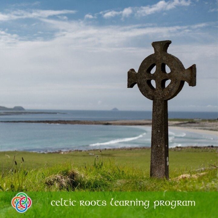 Celtic Roots Learning Program | Irish American Mom Celtic cross beside the ocean with text banner
