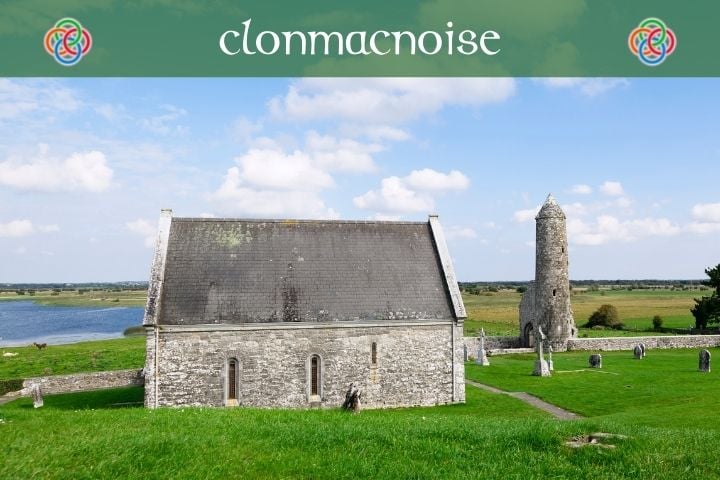 Stone church and tower by a river with text banner