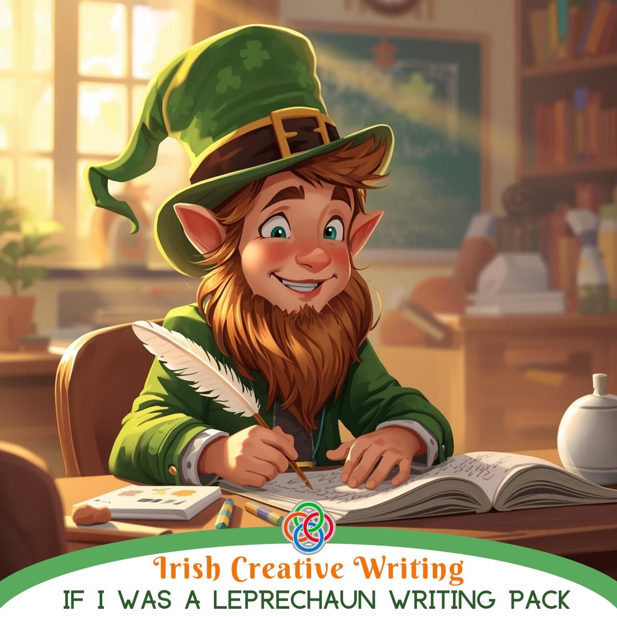 Illustration of a smiling leprechaun in a green hat writing with a feather quill at a desk, with text reading “Irish Creative Writing If I Was A Leprechaun Writing Pack” and a Celtic knot logo.