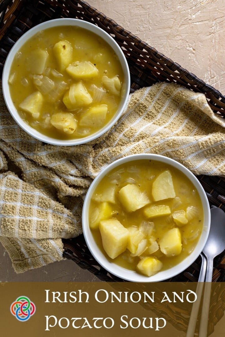 Irish onion and potato soup recipe | Irish American Mom Bowls of potato and onion soup with text banner