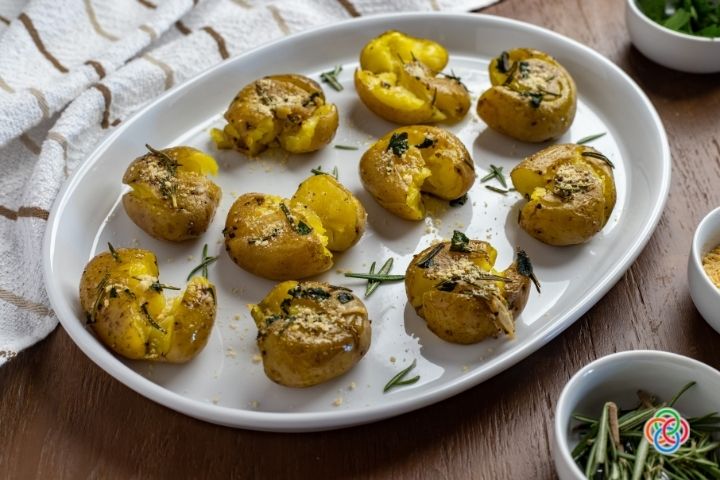Irish smashed potato recipe by Irish American Mom | Irish American Mom Tray of smashed potatoes