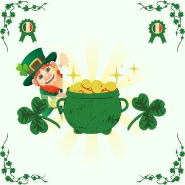 Pot of gold and leprechaun with shamrocks
