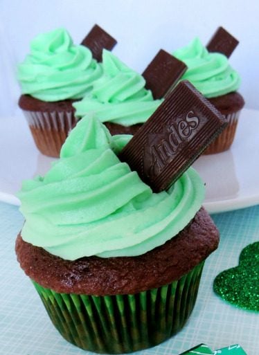 Andes Mint Cupcakes | Irish American Mom chocolate mint in a green frosted cupcake