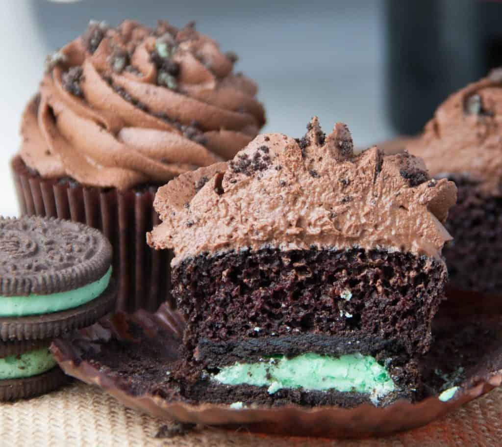Baileys Irish cream chocolate cupcakes with a mint oreo filling | Irish American Mom Chocolate cupcake with mint ore filling