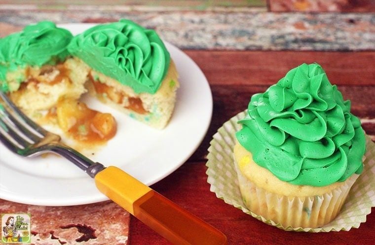Gluten free Saint Patrick's Day Pot of Gold Filled Cupcakes | Irish American Mom Cupcakes with apple filling and green frosting