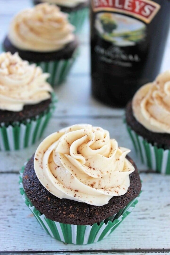 Guinness Chocolate Cupcakes with Irish Cream Frosting | Irish American Mom Frosting topped cupcakes