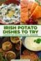 Four-image Celtic-styled quad-grid showcasing traditional Irish potato dishes, featuring a warm earthy palette of green, ivory and amber plus a text banner.
