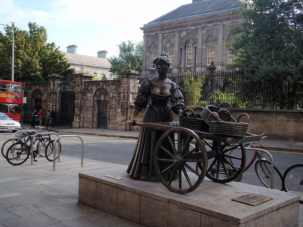 Molly Malone statue at the end of Grafton street opposite Trinity College | Irish American Mom Statue of woman with a cart