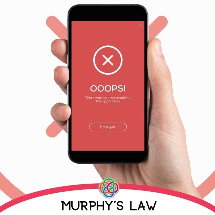 Oops errors and Murphy's Law | Irish American Mom Error screen on a phone plus text banner