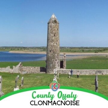 Stone tower by a river with text banner