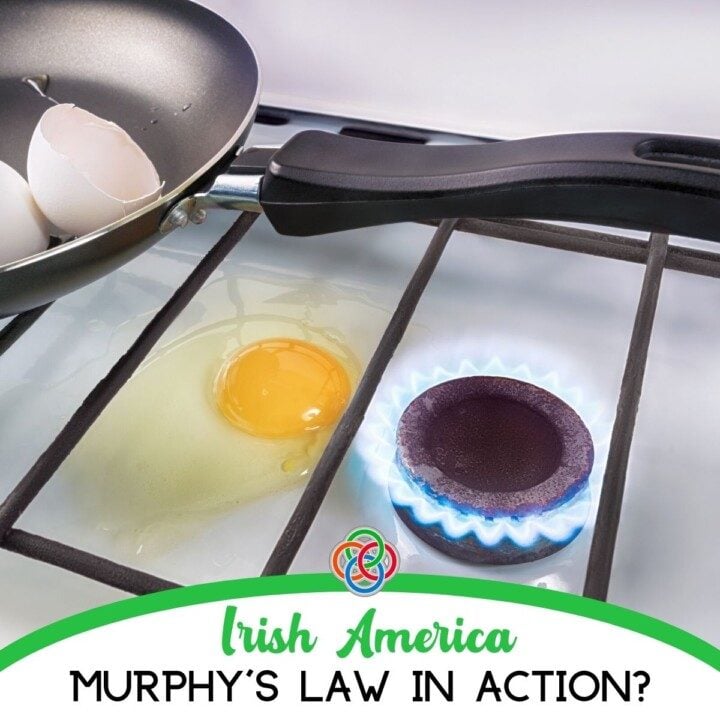 Spilt egg or Murphy's Law | Irish American Mom Egg spilt on stove top beside a burner with a text banner