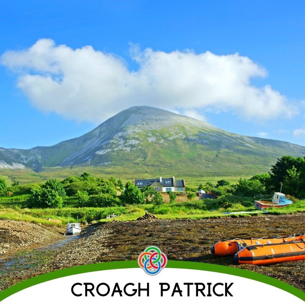 Croagh Patrick County Mayo in Ireland | Irish American Mom Mountain with cloud plus text banner