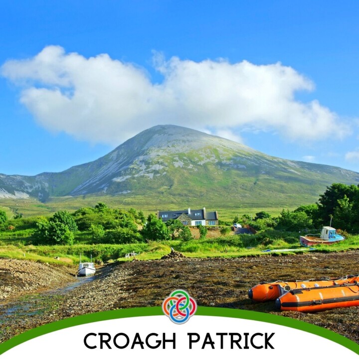 Croagh Patrick County Mayo in Ireland | Irish American Mom Mountain with cloud plus text banner