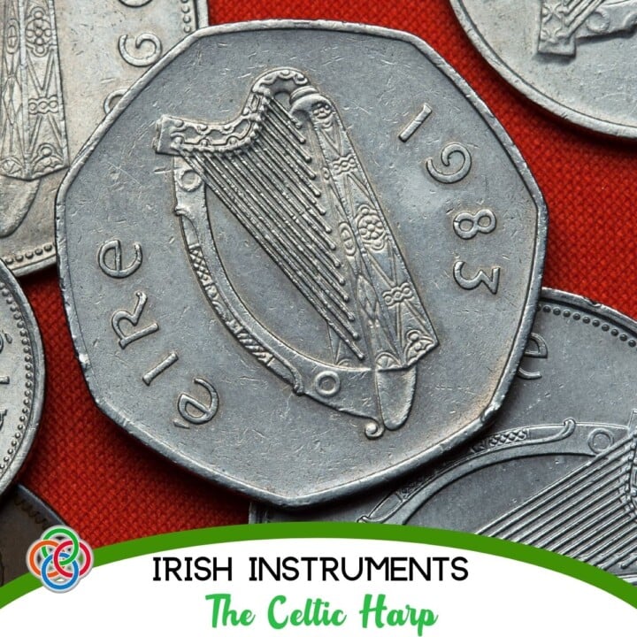 Irish Instruments The Celtic Harp | Irish American Mom Harp on a coin with text banner