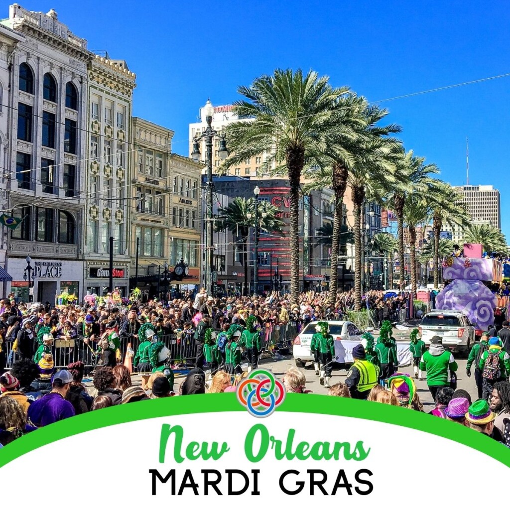 New Orleans Mardi Gras | Irish American Mom Carnival on a city street with text banner