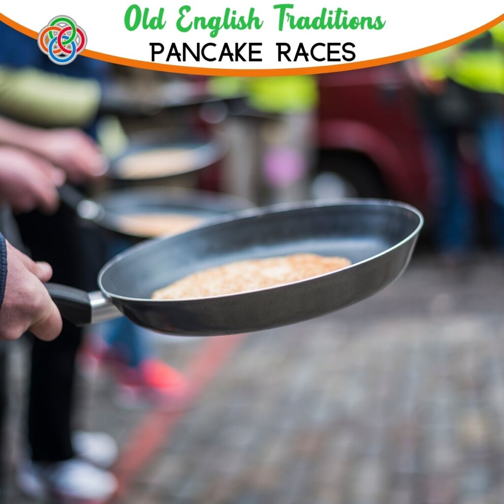 Old English Traditions Pancake Races | Irish American Mom Pancake in skillet plus text banner