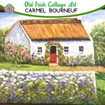 Thatched cottage with stone wall plus text banner