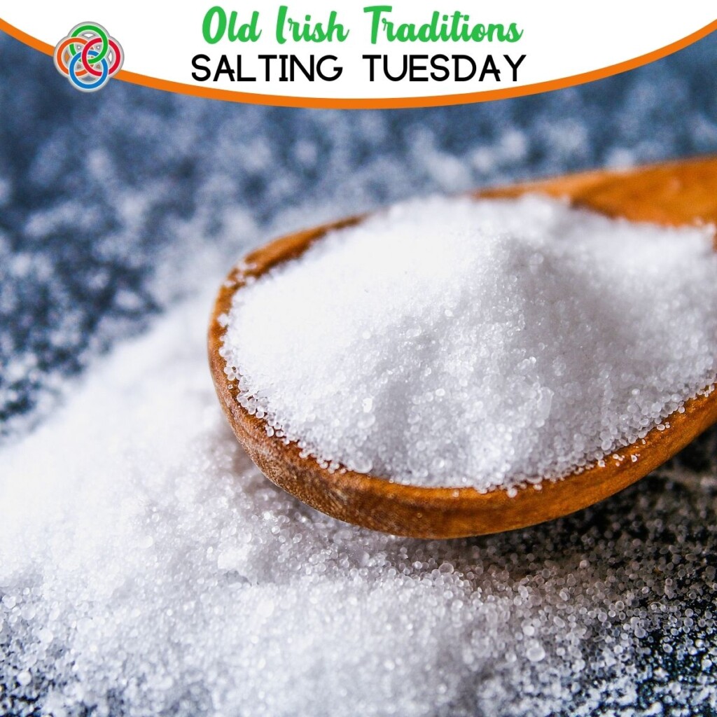 Old Irish Traditions Salting Tuesday | Irish American Mom Salt on a spoon with text banner