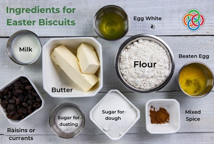 Ingredients for Easter Biscuits | Irish American Mom Bowls of ingredients for making cookies with text