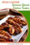 Plate of Guinness glazed chicken tenders with a sticky caramelized glaze, labeled Irish Cuisine Guinness Glazed Chicken Tenders with Irish American Mom branding.