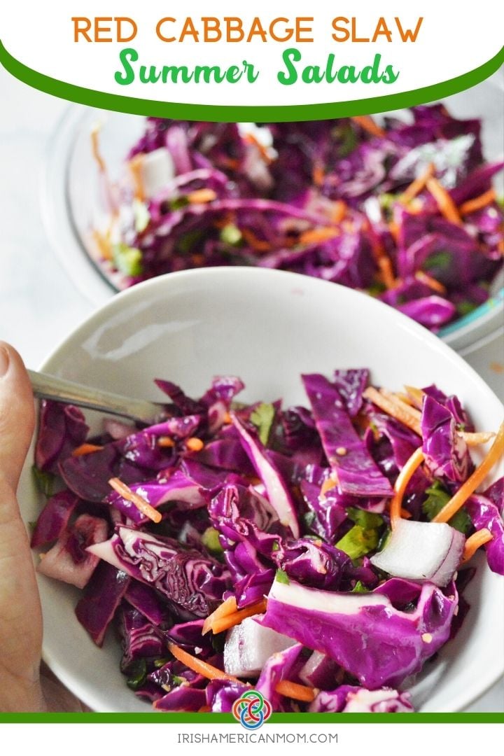 Bowls of cabbage slaw with text banner