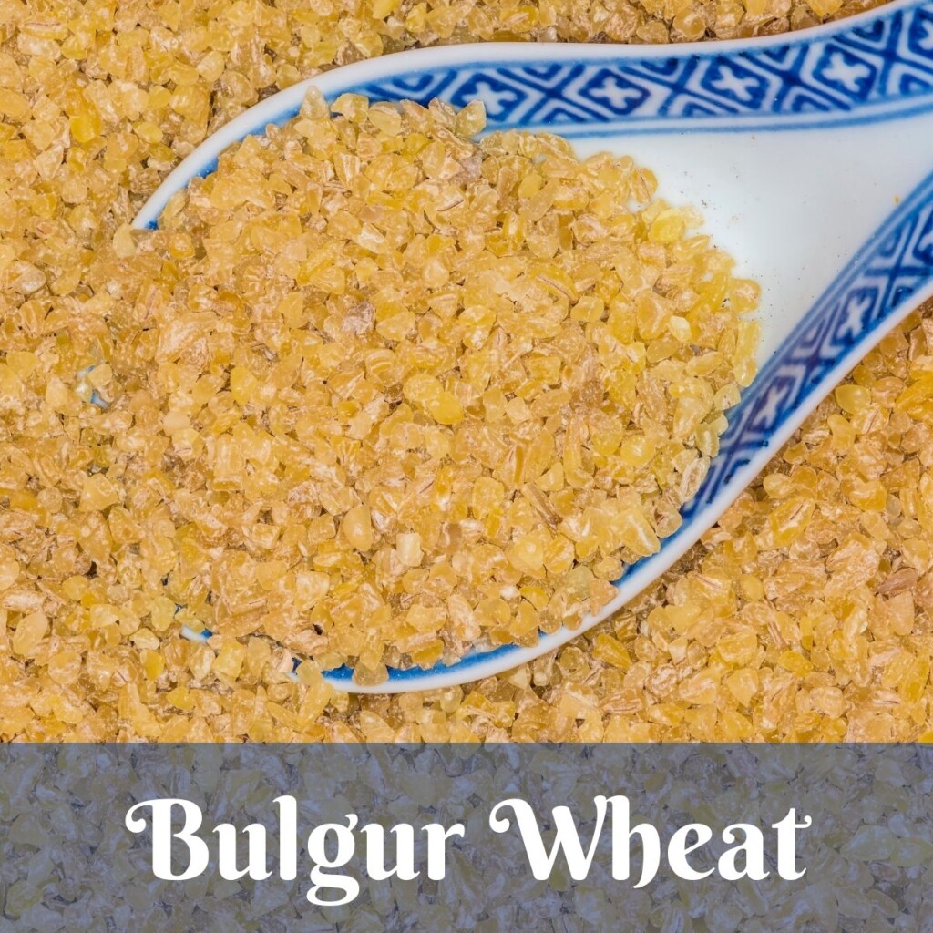 Bulgur Wheat | Irish American Mom Ceramic spoon in bulbur wheat plus text banner