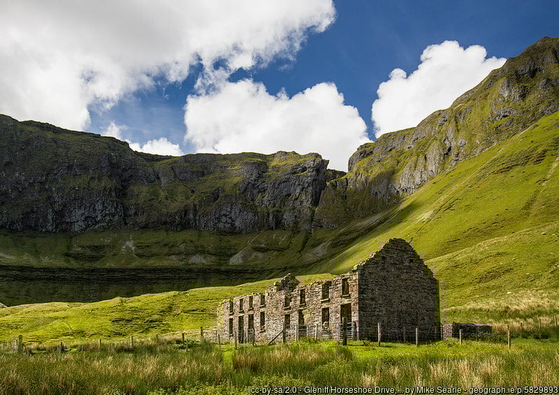 Gleniff Horseshoe Walk in the Dartry Mountains | Irish American Mom Ruined stone house in a mountain pass