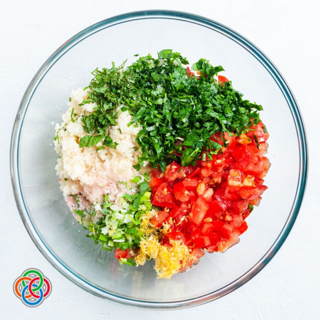 Ingredients for tabbouleh in a bowl | Irish American Mom Tabbouleh salad ingredients in a bowl