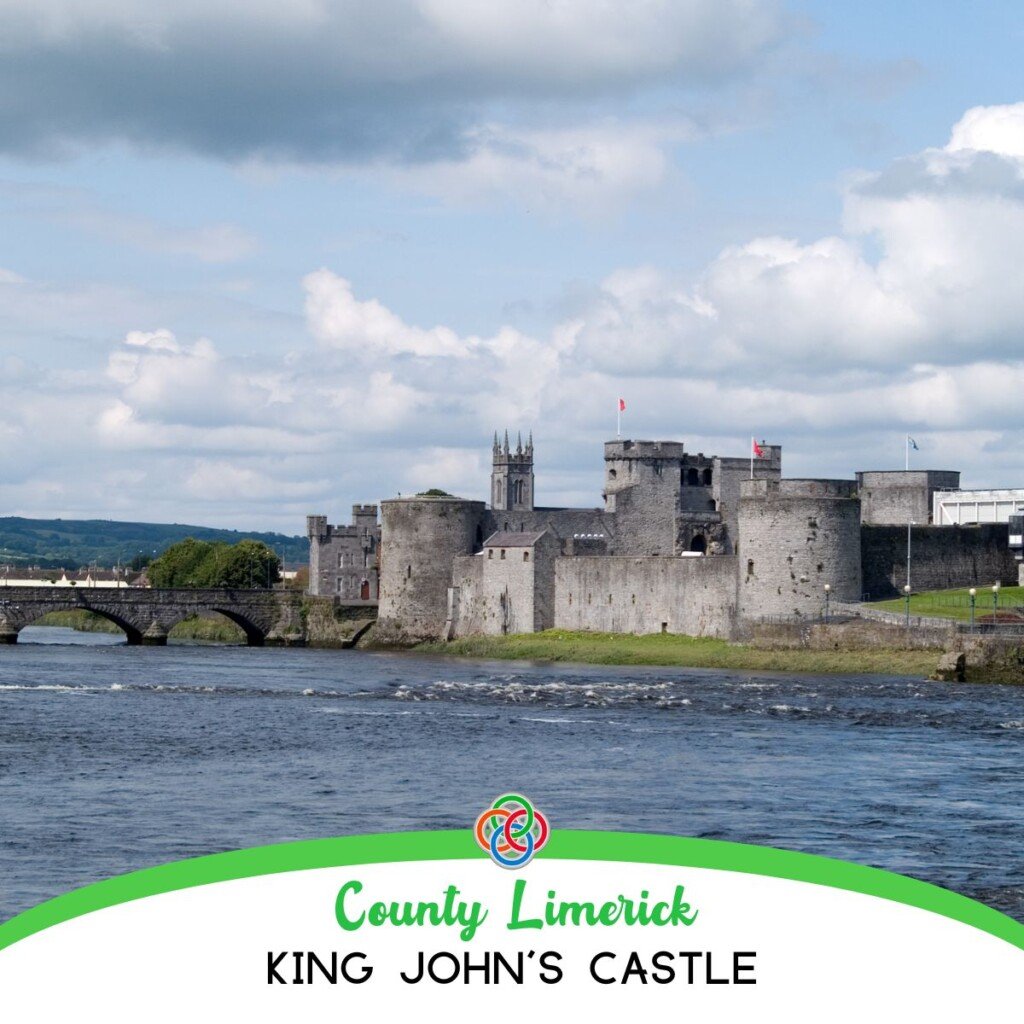King John's Castle in County Limerick Ireland | Irish American Mom Walled castle beside a river with text banner
