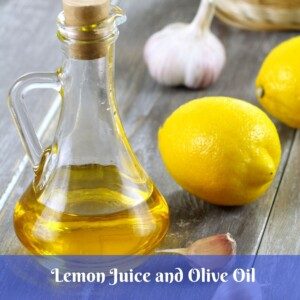 Olive oil jug and lemons and garlic bulbs