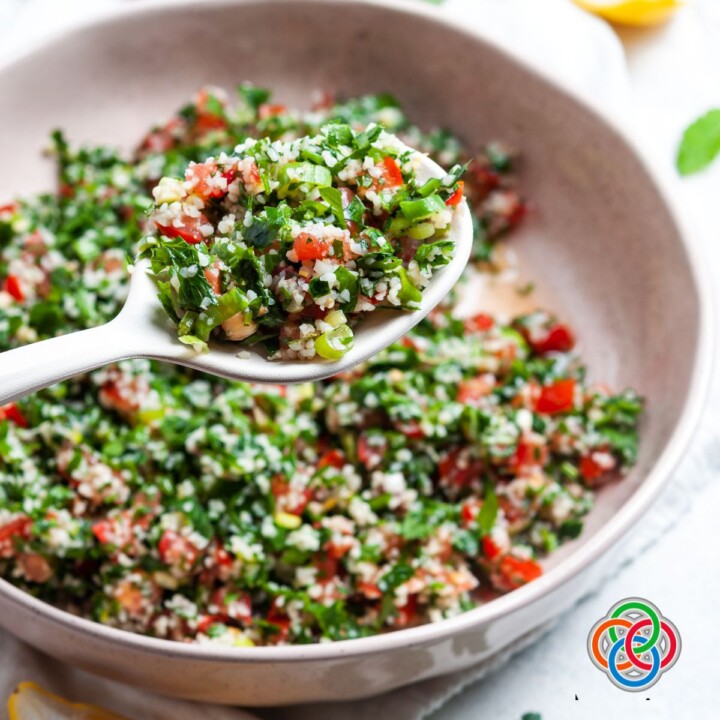Spoon of Lebanese tabbouleh salad | Irish American Mom Spoon of tabbouleh