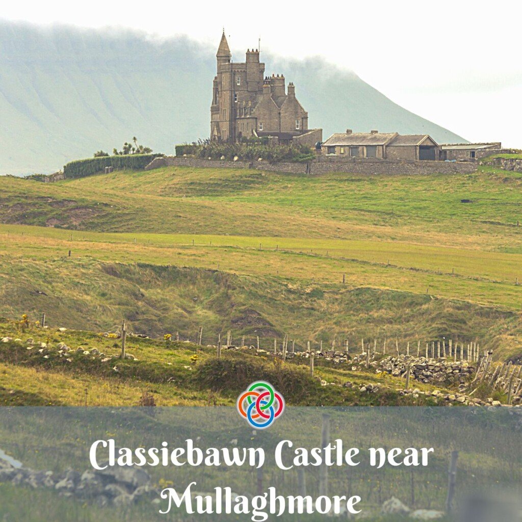 Classiebawn Castle near Mullaghmore County Sligo | Irish American Mom Castle in a field with text banner