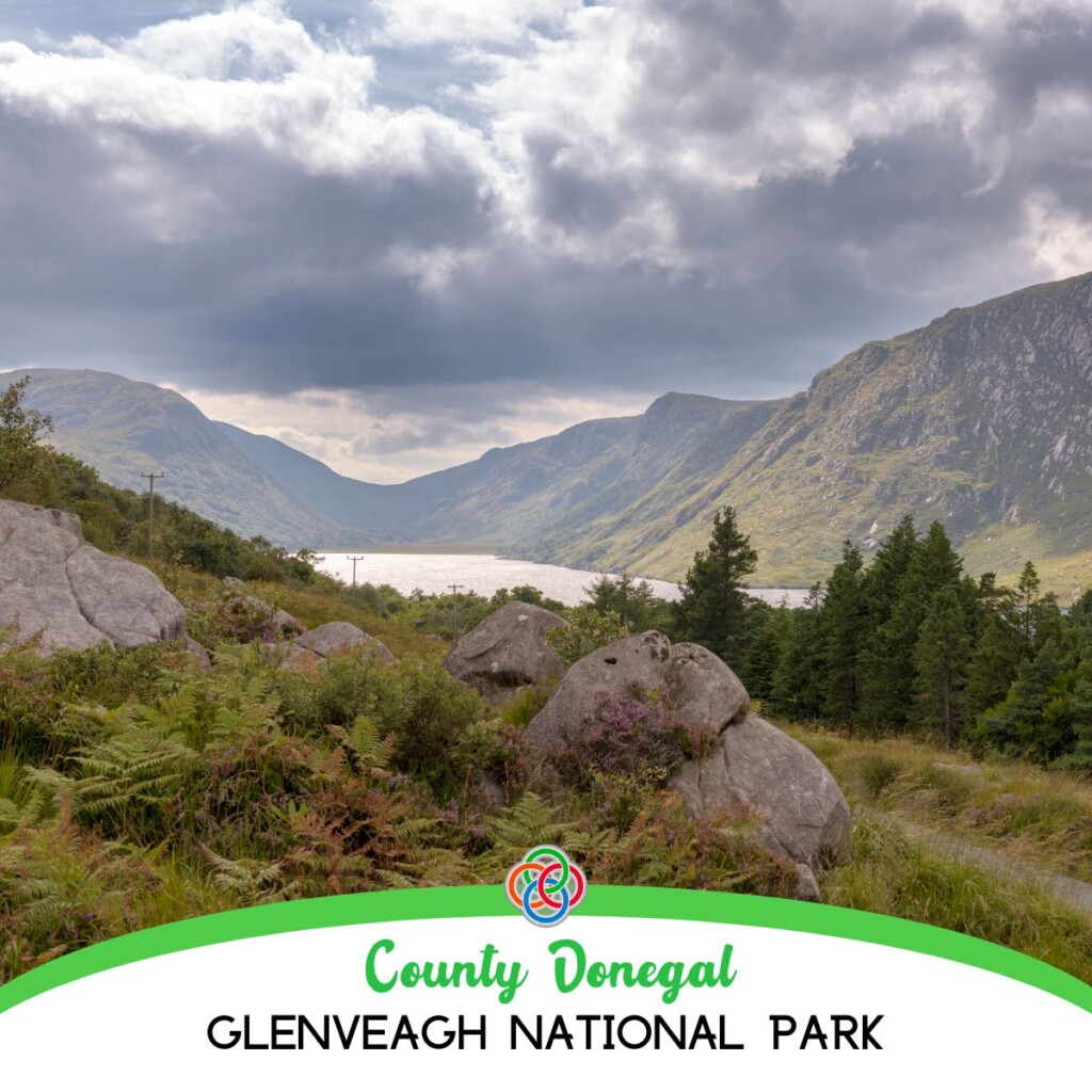 County Donegal Glenveagh National Park | Irish American Mom Mountains and lake with text banner