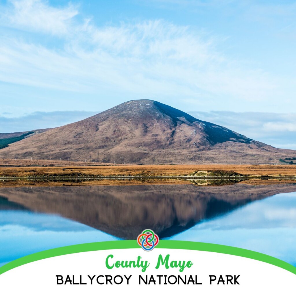 County Mayo Ballycroy National Park | Irish American Mom Mountain with lake reflection plus text banner