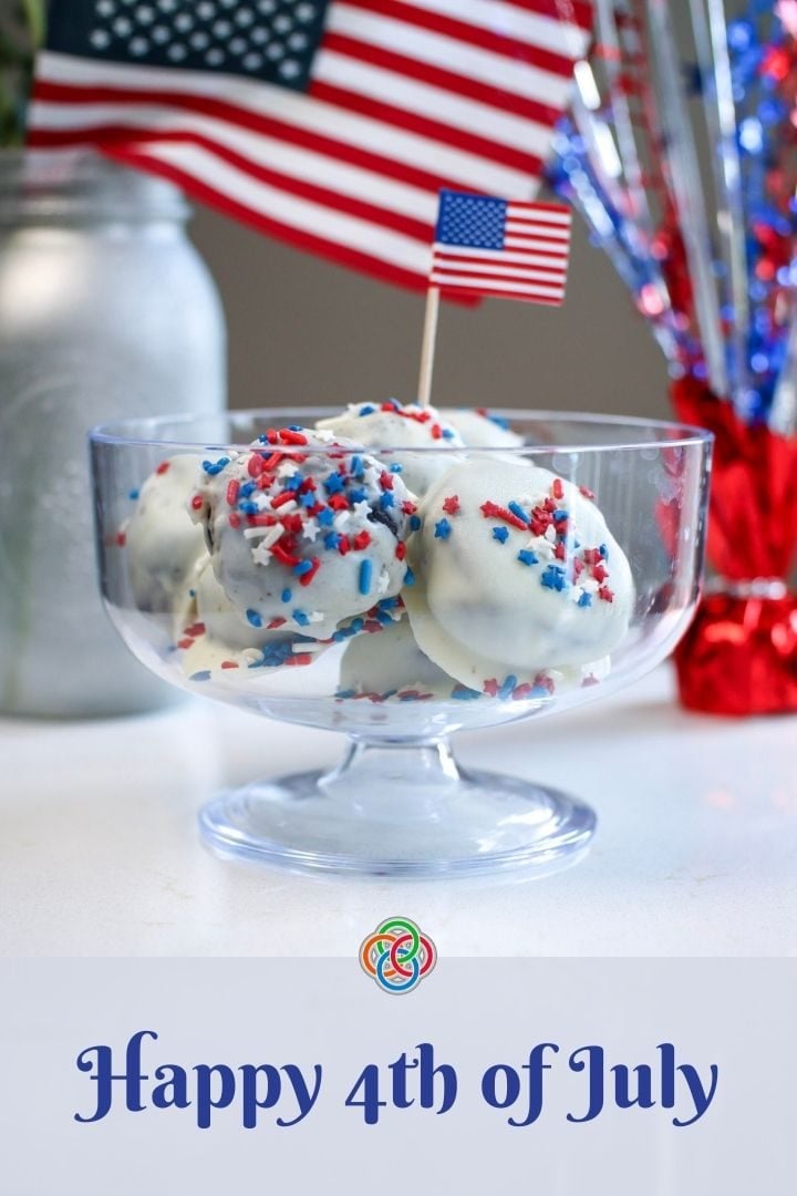 Fourth of July oreo truffles | Irish American Mom White chocolate truffle with red white and blue sprinkles plus text