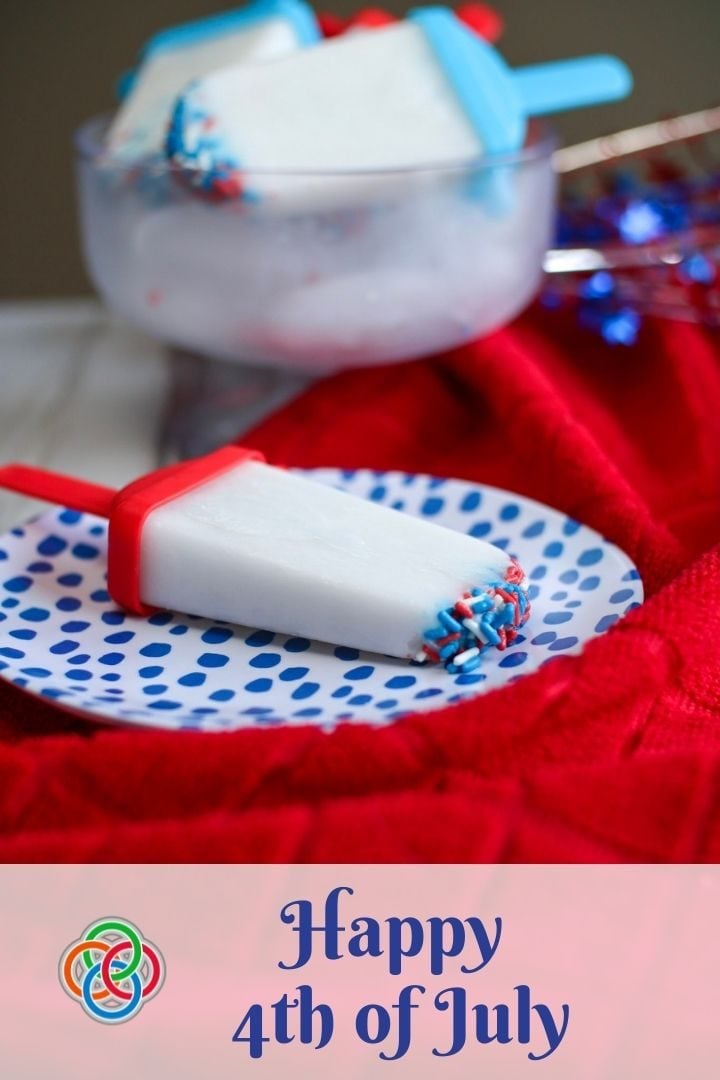 Fourth of July popsicles | Irish American Mom White popsicle with red white and blue sprinkles