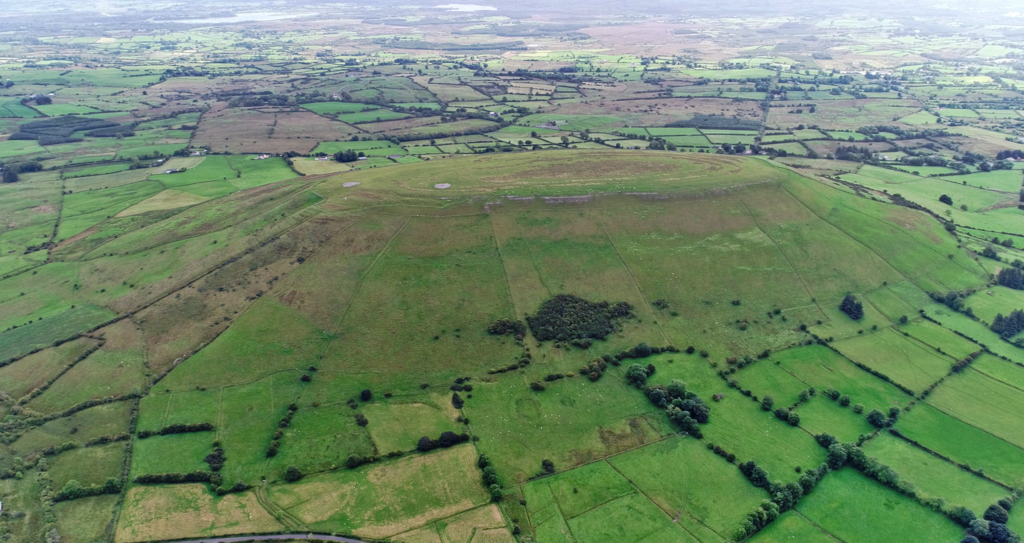 Aerial view of a mountain and fields