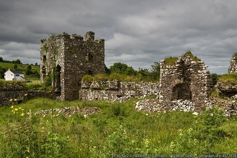 Ruined stone castle in a field