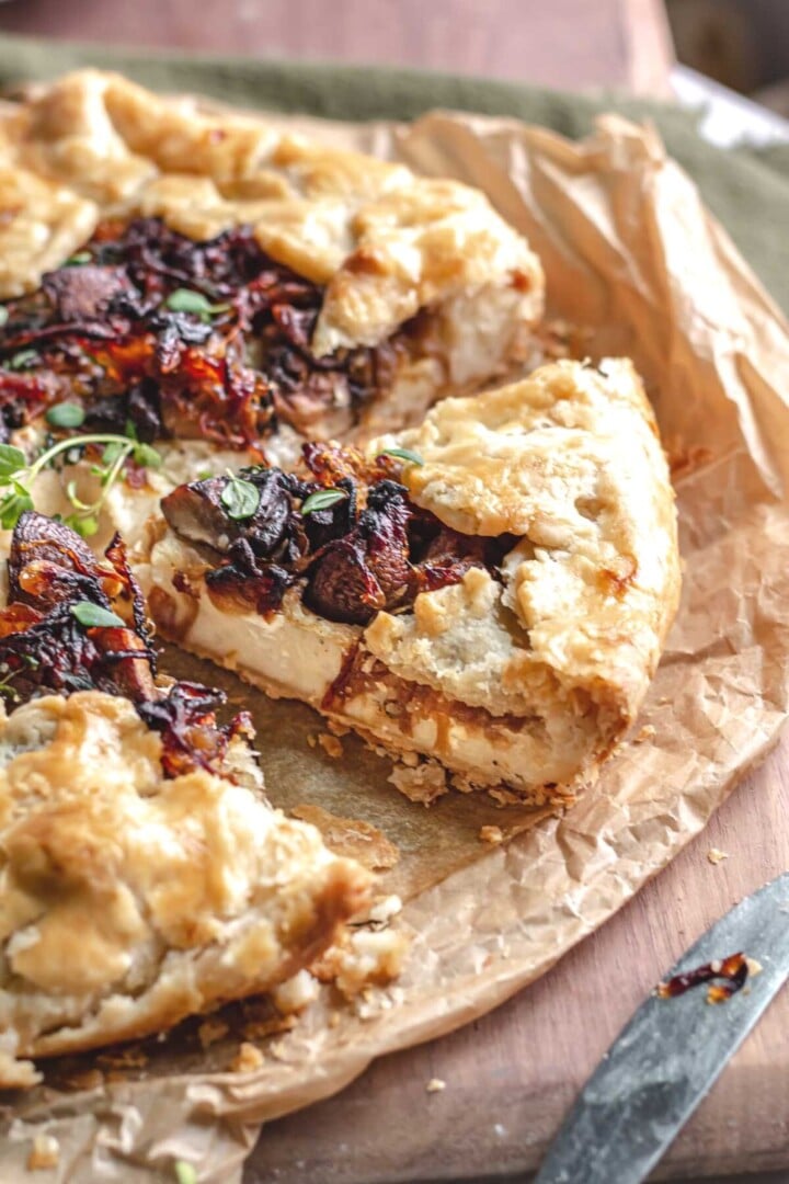 Savory tart with slice cut