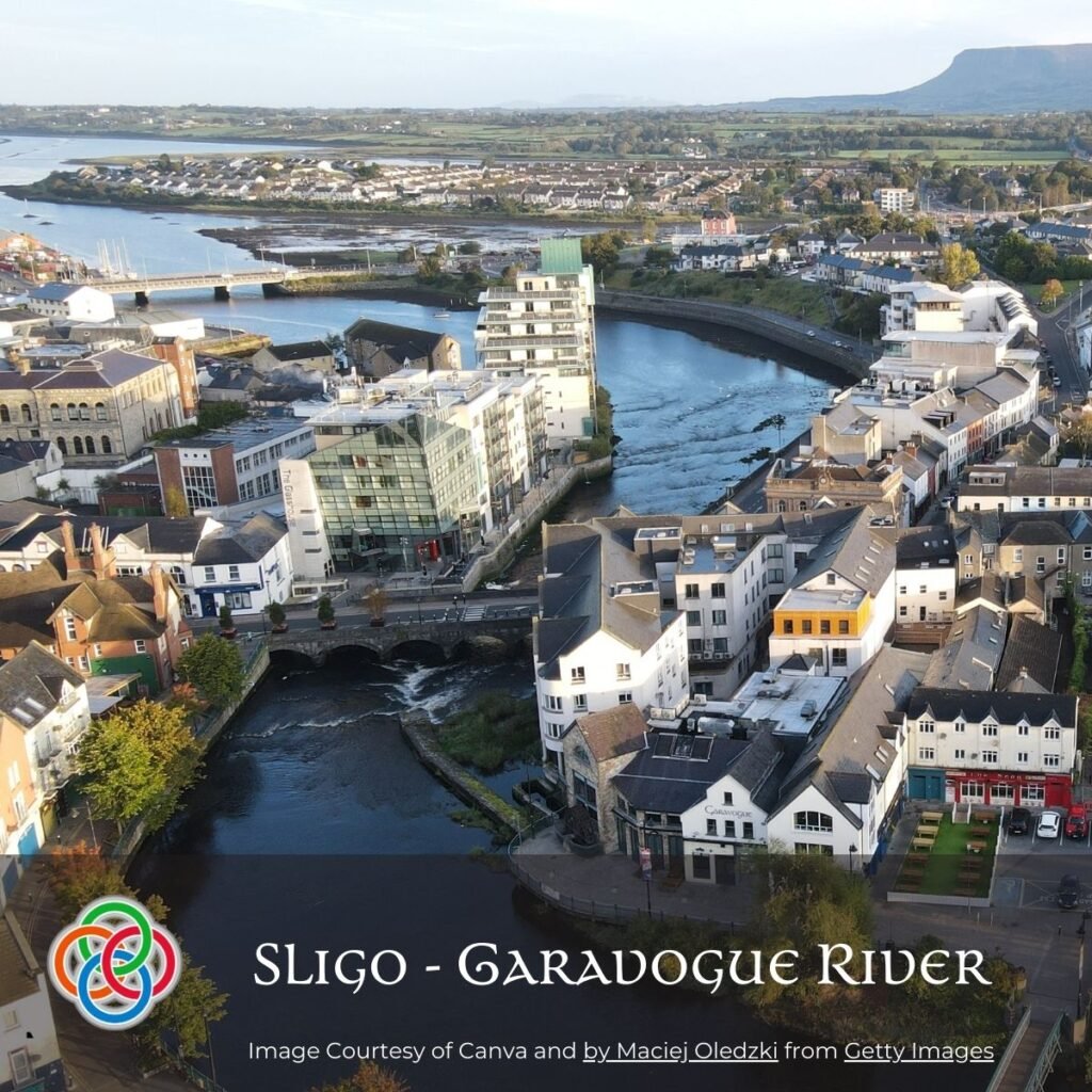 Sligo Garavogue River | Irish American Mom Buildings on a river front with text banner