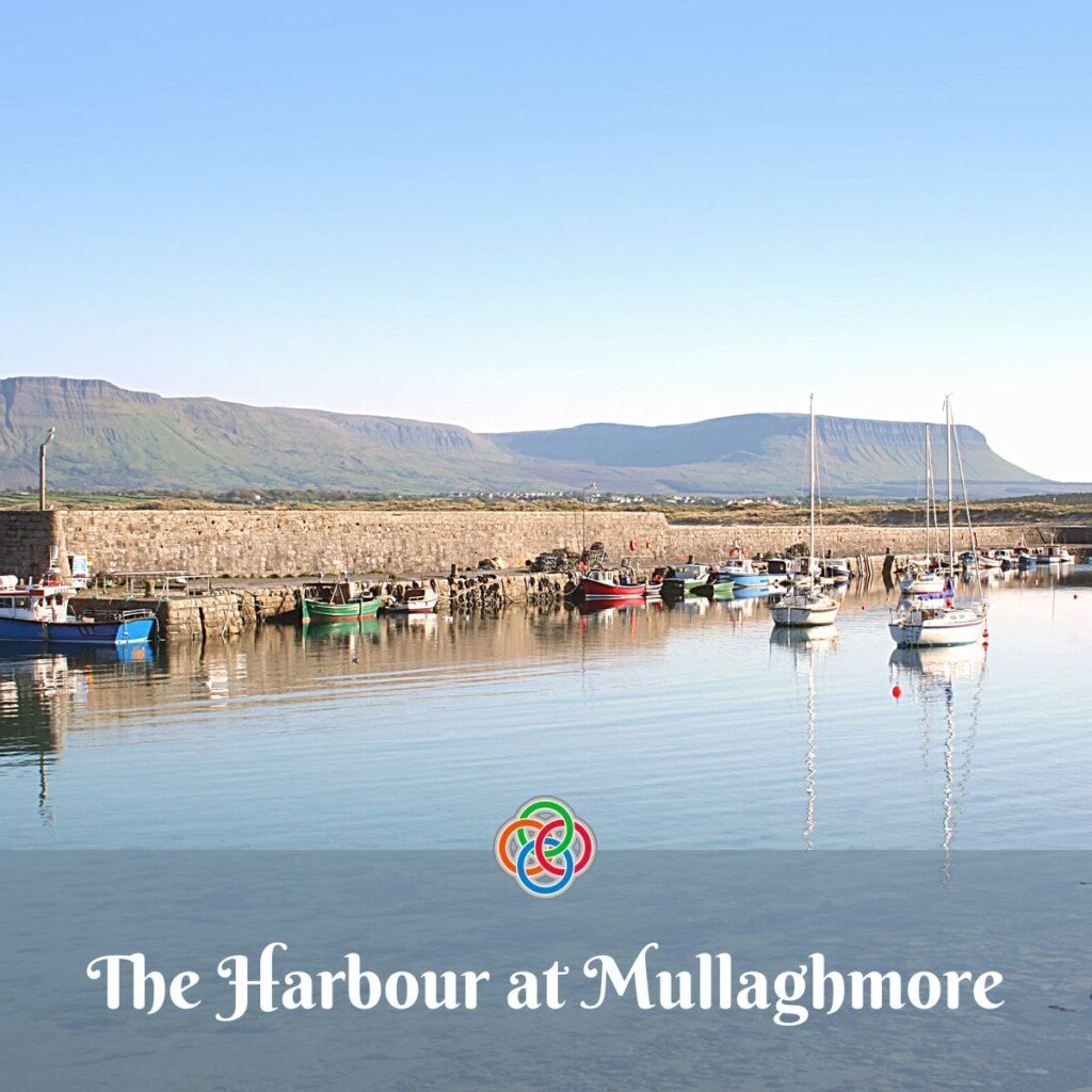 The Harbour at Mullaghmore County Sligo | Irish American Mom Harbor with boats and text banner