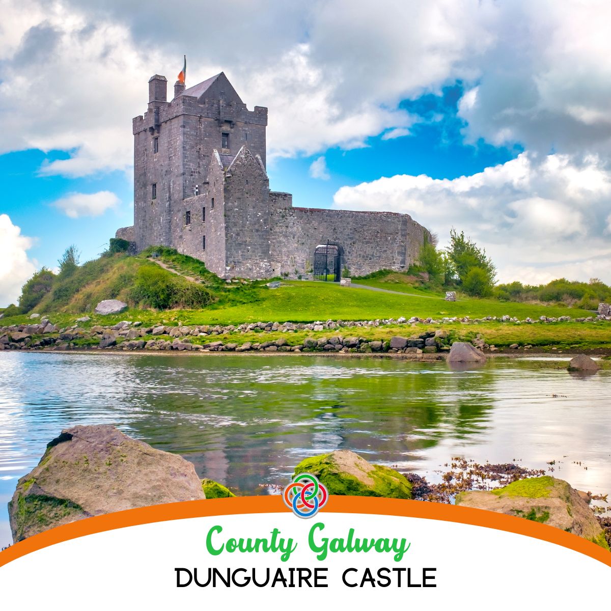 Castle beside water with text banner